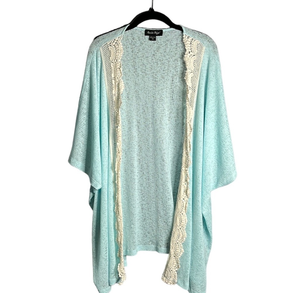 CHARLIE Paige Aqua Open Cardigan With Crochet Trim Size S/M